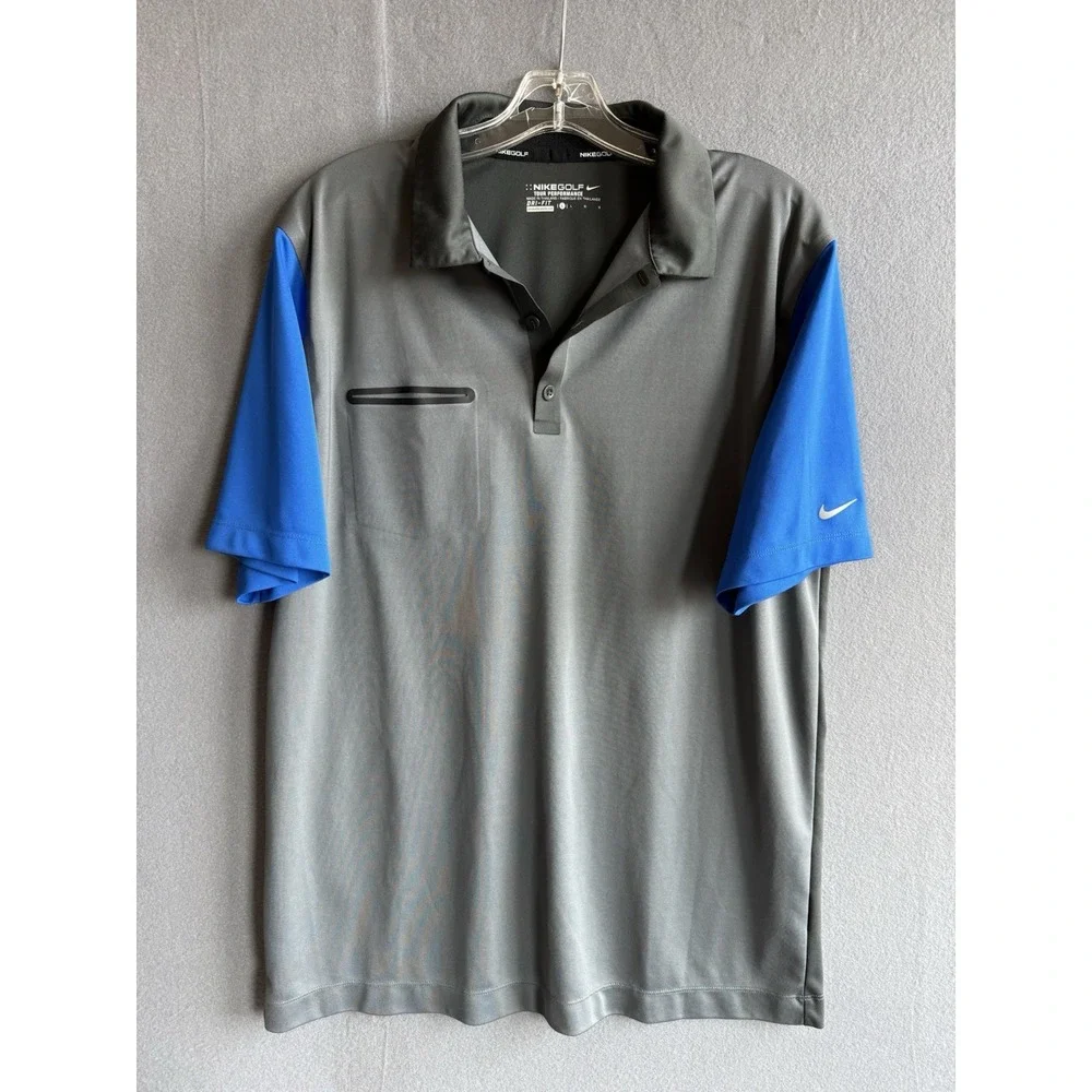 Nike Golf Tour Performance Dri-FIT Polo Shirt Gray Blue Mens Large Zipper Pocket